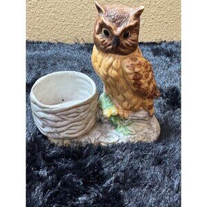 Vintage Ceramic Owl & Basket  Candle Holder Whimsical